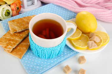 Cup of tea with lemon close up