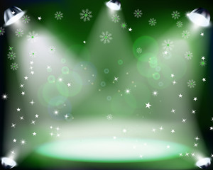 Christmas Concert with spotlights and sowflakes on green - obrazy, fototapety, plakaty