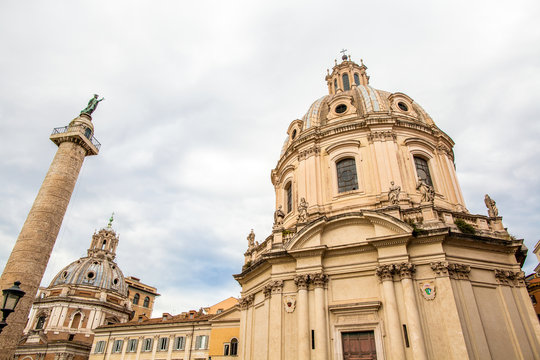 Traian column and Santa Maria di Loreto in Rome, Italy