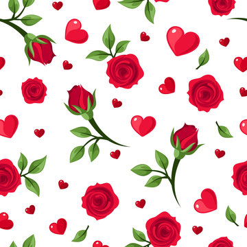 Vector seamless pattern with red roses and hearts on white.