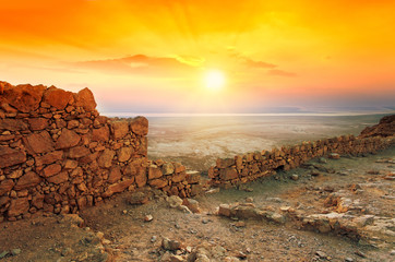 Beautiful sunrise over Masada fortress in Judaean Desert