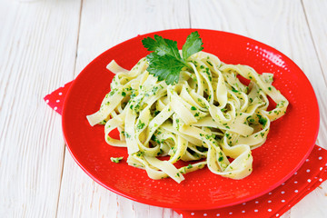 tagliatelle pasta with pesto