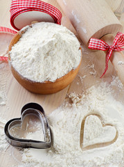 Flour on a wooden table.