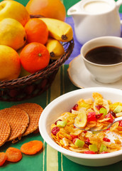 corn flakes with fruit and cookies for breakfast