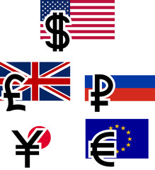 currency symbols and flags. vector illustration