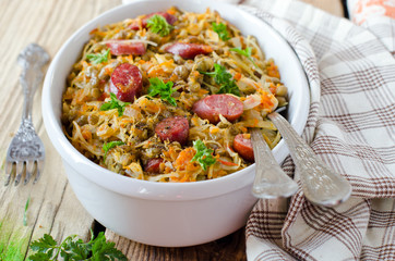 Cabbage stew with lentils and sausages