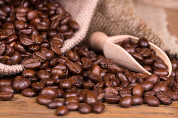 Roasted coffee in sack burlap.