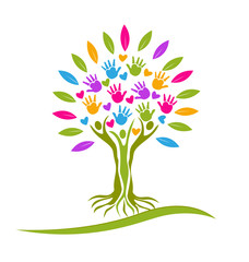 Tree people hands and hearts logo vector