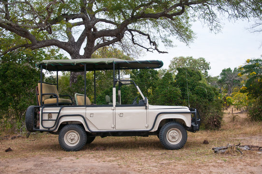 Fototapeta safari car parking in the national park selous game reserve