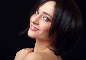 Naklejka premium Smiling beautiful woman with perfect makeup and black hair