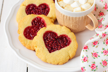 Homemade Cookies with Heart-Shaped Center and a Cup of Hot Choco