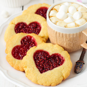 Homemade Cookies with Heart-Shaped Center and a Cup of Hot Choco