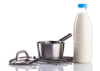 milk bottle and  steel pot isolated on white