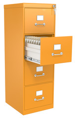 Orange File Cabinet. Open drawer with files. Lock and key.