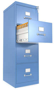 Blue File Cabinet. Open drawer with files. Lock and key.