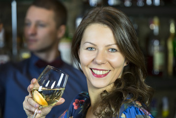 and the bartender girl near the bar