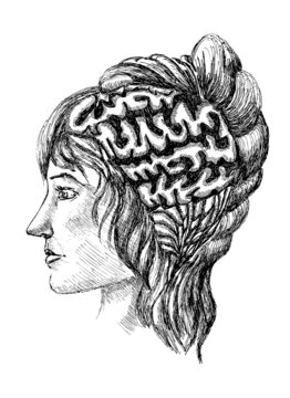 sketch of human brain and a woman's face painted in scrawl style