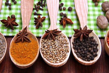 Various spices and herbs on table close up