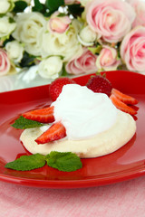 Tasty meringue cake with berries, close up