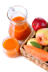 Sweet apples, juice and carrots isolated on white