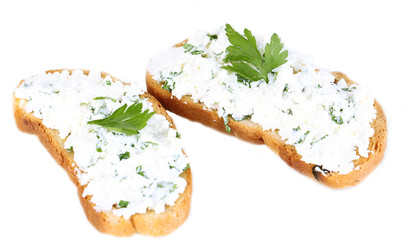 Sandwiches with cottage cheese and greens isolated on white