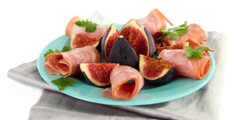 Tasty figs with ham, isolated on white