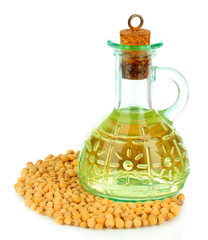 Soy beans and oil isolated on white