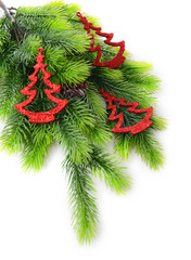 Fototapeta na wymiar Christmas decorations on fir tree, isolated on white