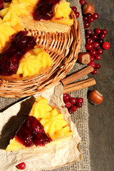Tasty fruity homemade pie with berries and nuts,