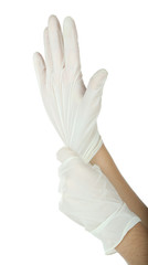 Doctor putting on protective gloves, isolated on white