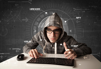 Young hacker in futuristic enviroment hacking personal informati
