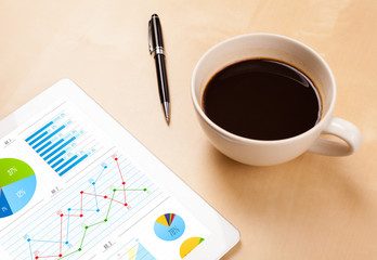 Tablet pc shows charts on screen with a cup of coffee on a desk