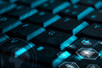 Keyboard with glowing multimedia icons