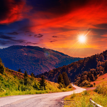 mountain road near the coniferous forest with cloudy sunset sky
