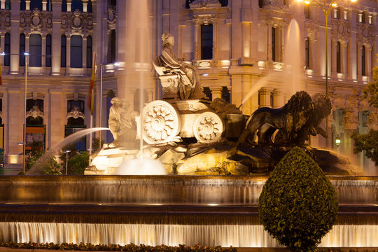 The Cibeles Fountain at Plaza de Cibeles in summer evening