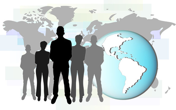 Illustration of international business people with earth.