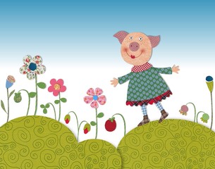 Obraz na płótnie Canvas Little pig walking on flowering meadow