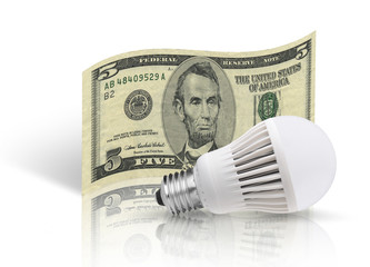 five dollar banknote and LED bulb. Isolated on white background