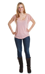 Stehende Studentin mit langen blonden Haaren