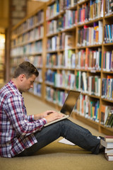 Handsome young student sitting on library floor using laptop
