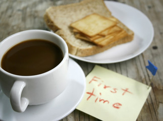 plate with a cup of coffee and bread