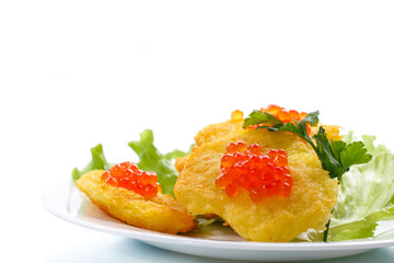 potato pancakes with red caviar