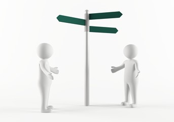 3D people next to a directional sign post