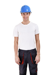 builder in a helmet over white background