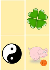 Karte gelb mit verschiedenen Glücksbringern