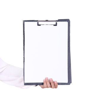 Business Woman Hand Holding Blank Clipboard