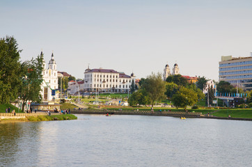 Cityscape with church and river, Minsk, Belarus