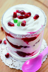 yogurt with fruit juice and pomegranate seeds