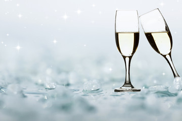 Naklejka na ściany i meble Glasses with champagne against holiday lights