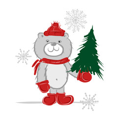 Funny santa bear with christmas tree for your design